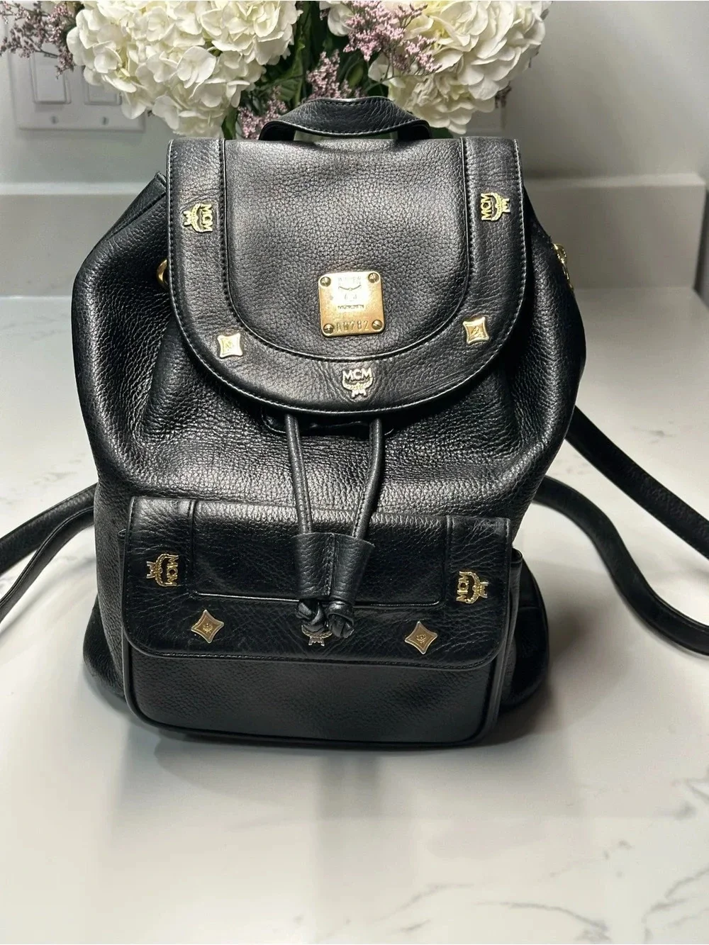 MCM Black Leather Mini Backpack - Gold Hardware